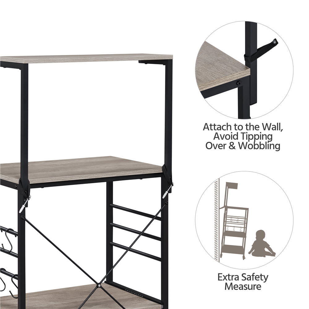 Topeakmart 4-Tier Kitchen Baker's Rack Utility Storage Shelf Microwave Stand Cart on Wheels with Side Hooks， Gray