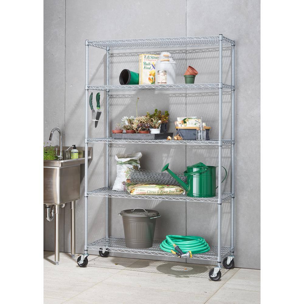 TRINITY Gray 5-Tier Rolling Steel Wire Shelving Unit (48 in. W x 77 in. H x 18 in. D) TBF-PS664