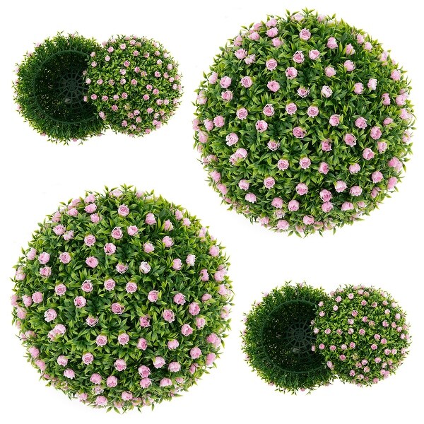 2 PCS Artificial Plant Topiary Balls 17.5 Inch Faux Decorative Balls with Pink Flowers