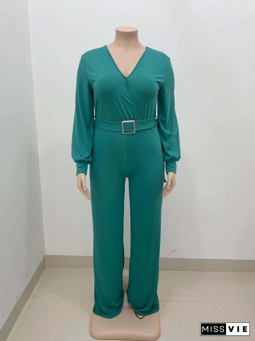 Long Sleeve V-neck Plus Size Wide Leg Jumpsuit