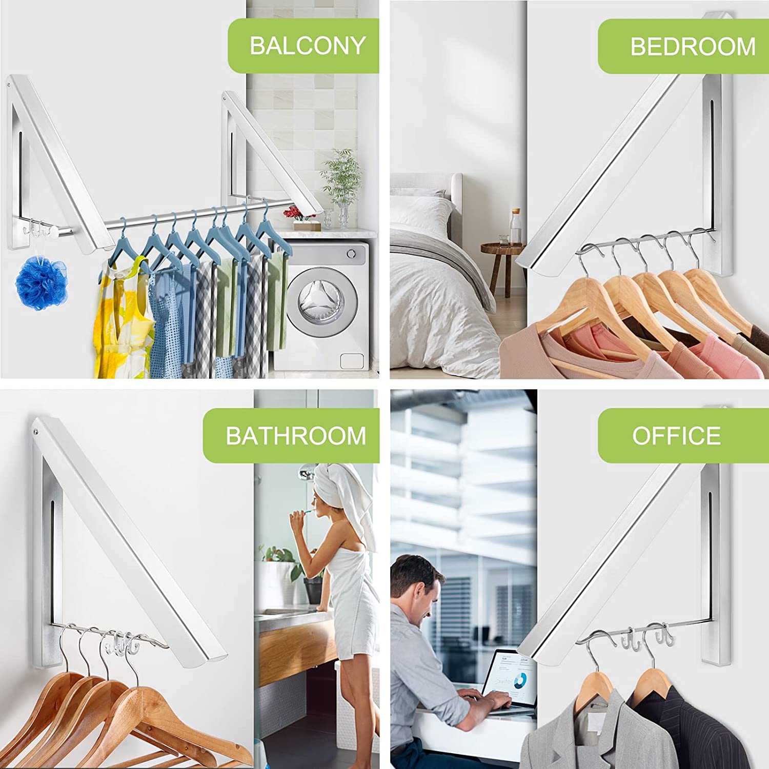 Retractable Clothes Hanger Rack,Wall Mounted Clothes Rack,Foldable Clothes Hook with Clothes Rail,Aluminum Laundry Drying Rack for Balcony, Bedroom, Bathroom, Indoor, Outdoor