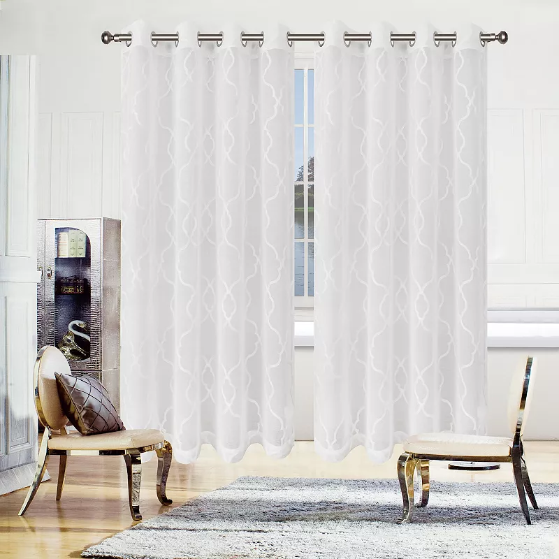 Superior Embroidered Pair of 2 Lattice Sheer Grommet Window Curtain Panels