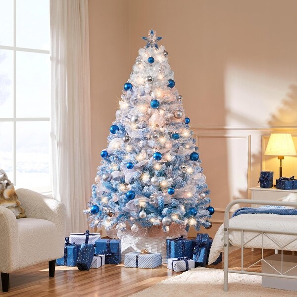 6ft Prelit Artificial Christmas Tree with 250 Incandescent Warm White Lights，Snow Flocked Full Prelighted Xmas Tree