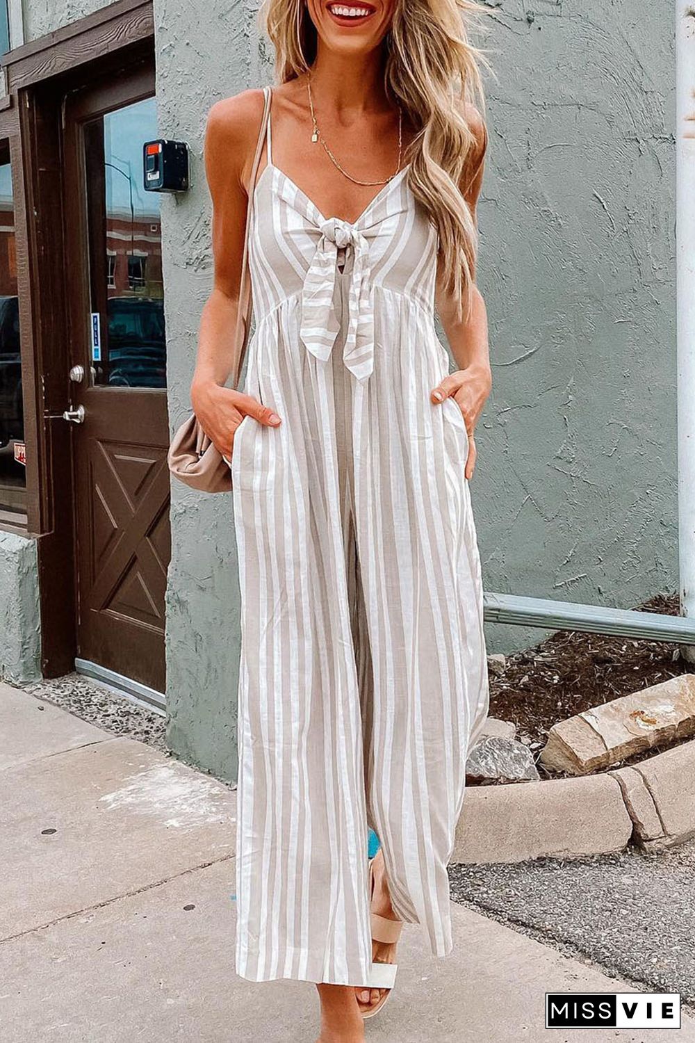 Front Knotted Striped Cropped Jumpsuit