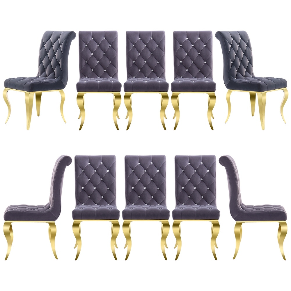 Luxury Gray Velvet Tufted Upholstered Dining Chairs with Polished Gold Cabriole Legs