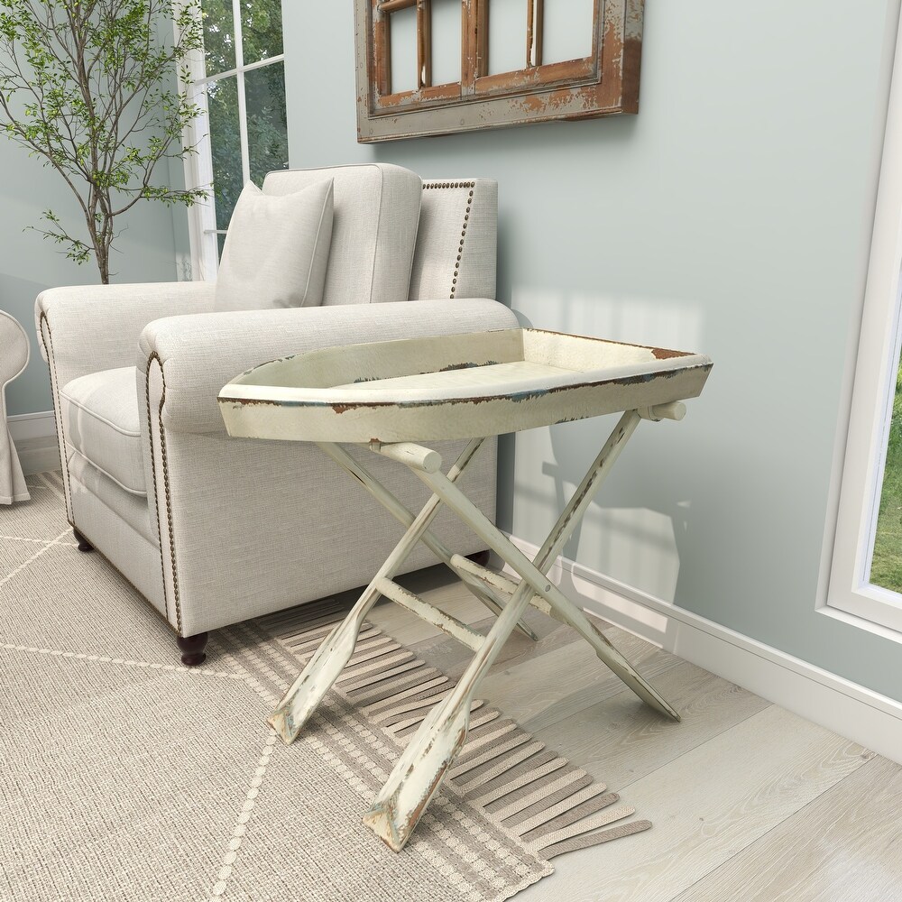 White Wood Coastal Accent Table with Oar Inspired Legs