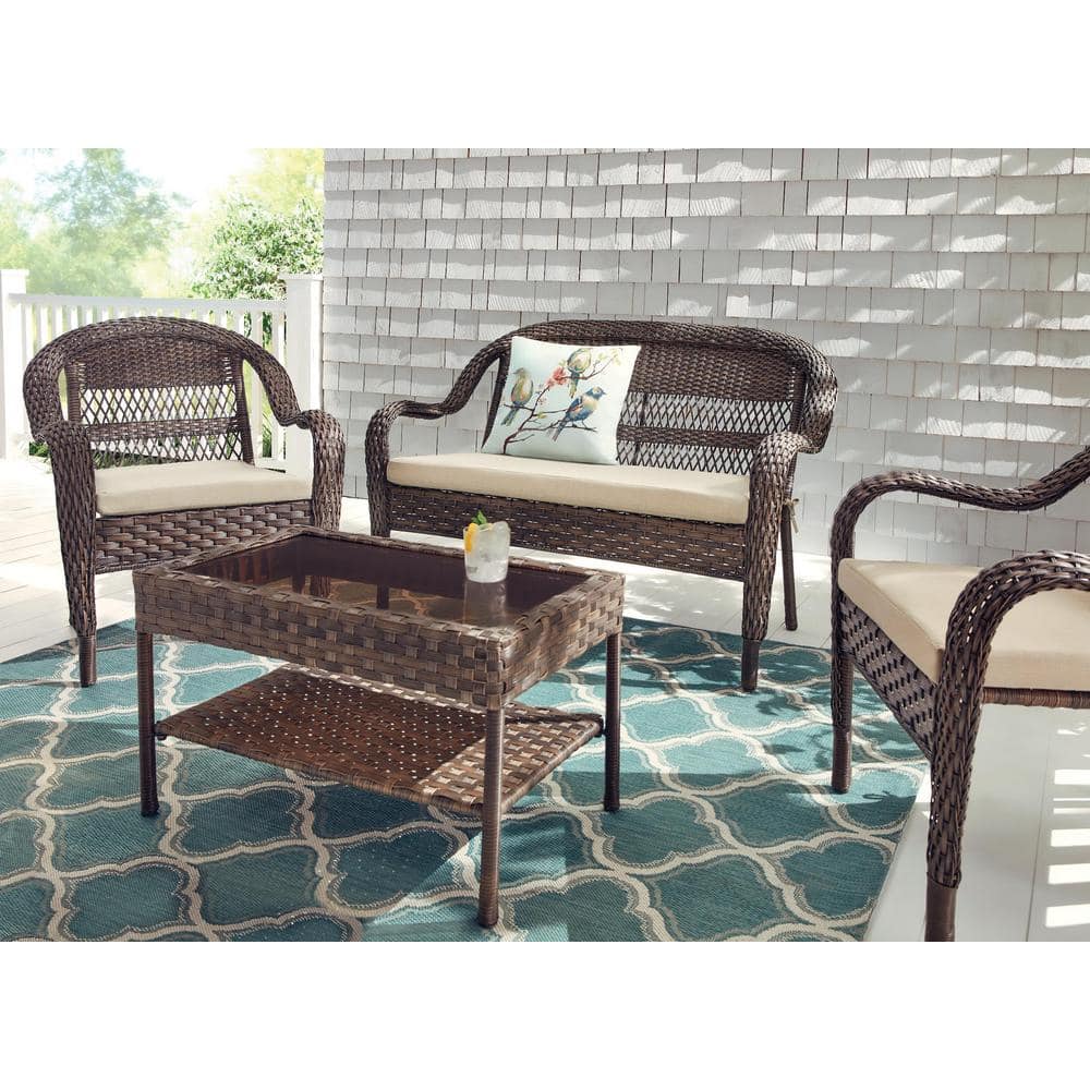 StyleWell Mix and Match Brown Wicker Outdoor Patio Loveseat with Beige Cushions 65-183363