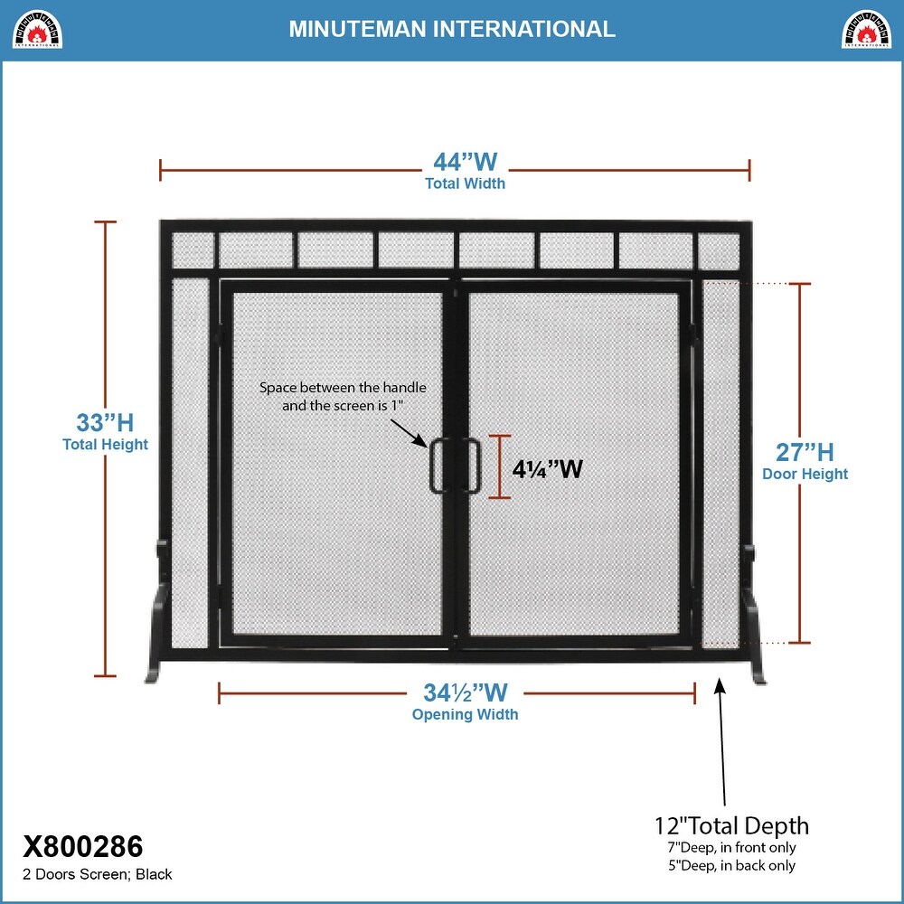 Minuteman International Sidelight Classic Fireplace Screen w/Doors  44 Inch Long  Matte Black