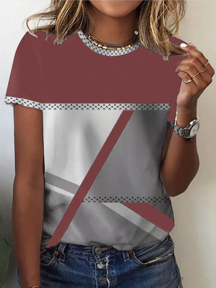 Round Neck Casual Loose Geometric Print Short-sleeved T-shirt