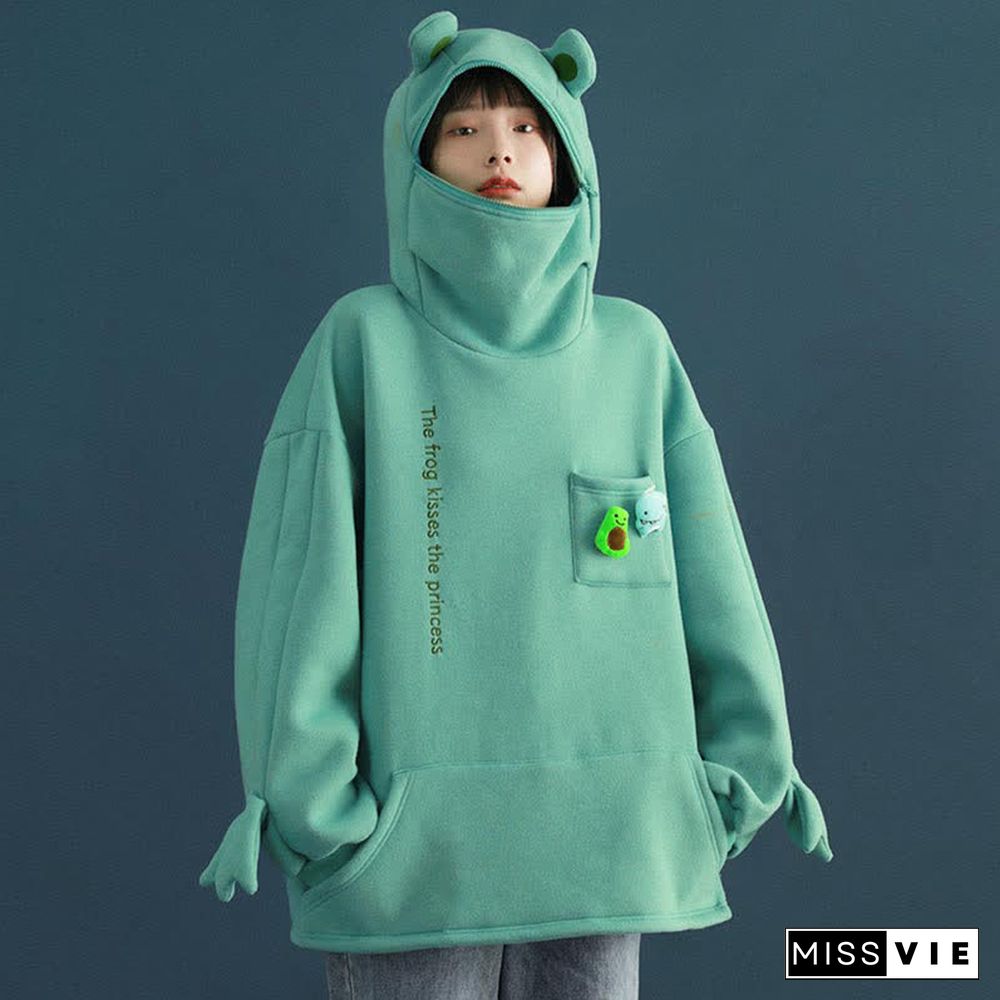 Frog Letter Zipper Pocket Oversized Hoodie THE FROG KISSES THE PRINCESS