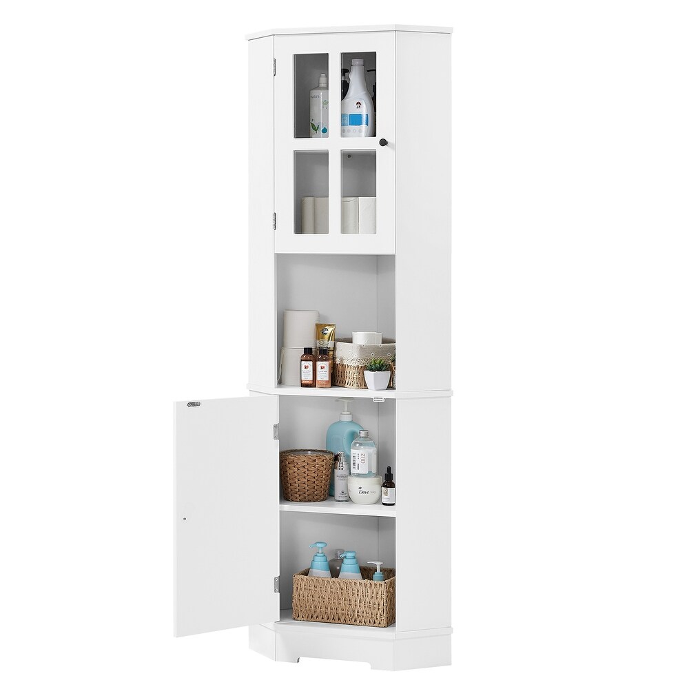 Tall Bathroom Storage Cabinet  Corner Cabinet with Glass Door  Open Storage  Adjustable Shelf