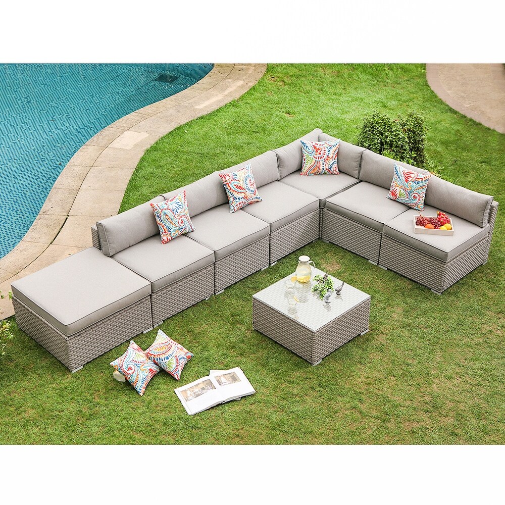 COSIEST 8 Piece Outdoor Patio Wicker Sectional Sofa Set w Coffee Table