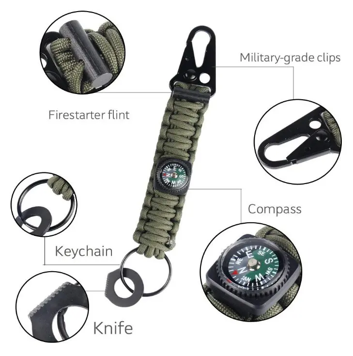 Hiking Camping Fashionable Handmade tactical hook emergency multi tool braided rope compass keychain