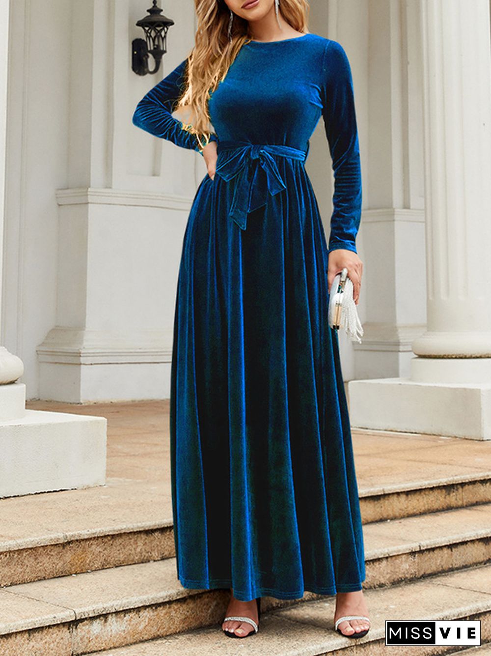 Long Sleeves Wrap Belted Pleated Solid Color Zipper Round-Neck Maxi Dresses