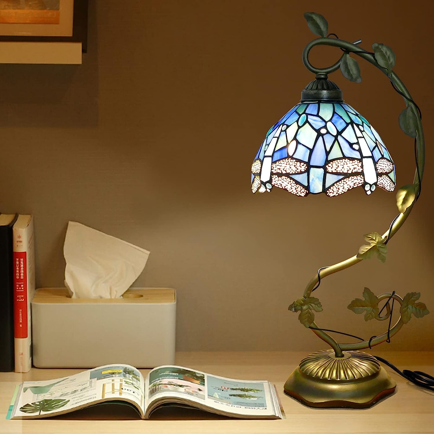 SHADY Tiffany Style Table Lamp 8x10x21 Inch Sea Blue Dragonfly Handmade Stained Glass Desk Lamp with Metal Leaf Iron Decor Vintage Curved Reading Light for Bedside  Living Room  Office (L