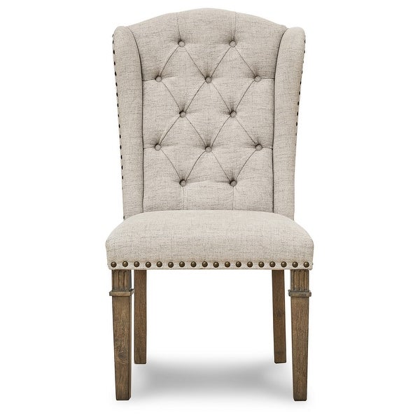 23 Inch Dining Chair， Set of 2， Beige Woven Polyester， Wingback Design