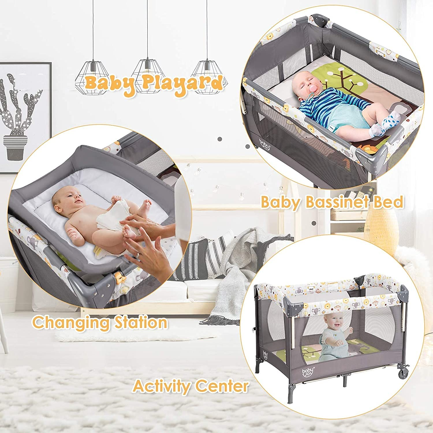 Costzon 4 in 1 Pack and Play, Multifunction Baby Bedside Sleeper with Bassinet, Changing Station and Activity Center