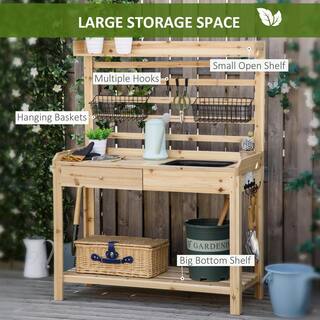 Outdoor Wooden Potting Bench Garden Workstation Table with Removable Sink Hooks and Baskets for Patio Balcony PT-P174501KO