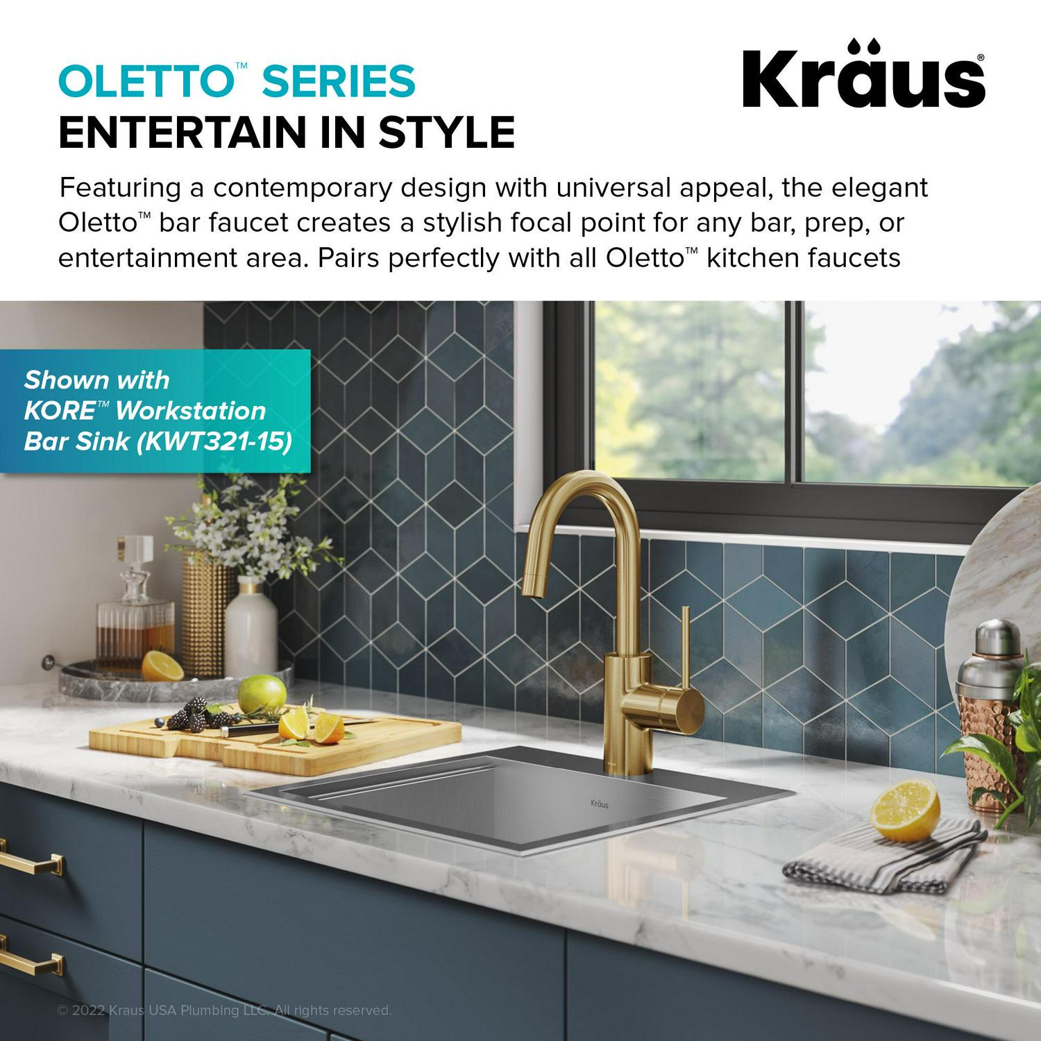 KRAUS Oletto Single Handle Kitchen Bar Faucet with QuickDock Top Mount Assembly in Brushed Brass