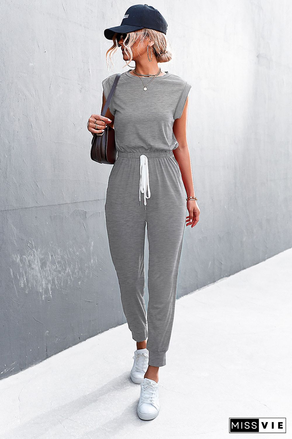 Solid Sleeveless Drawstring Waist Jumpsuit Wholesale