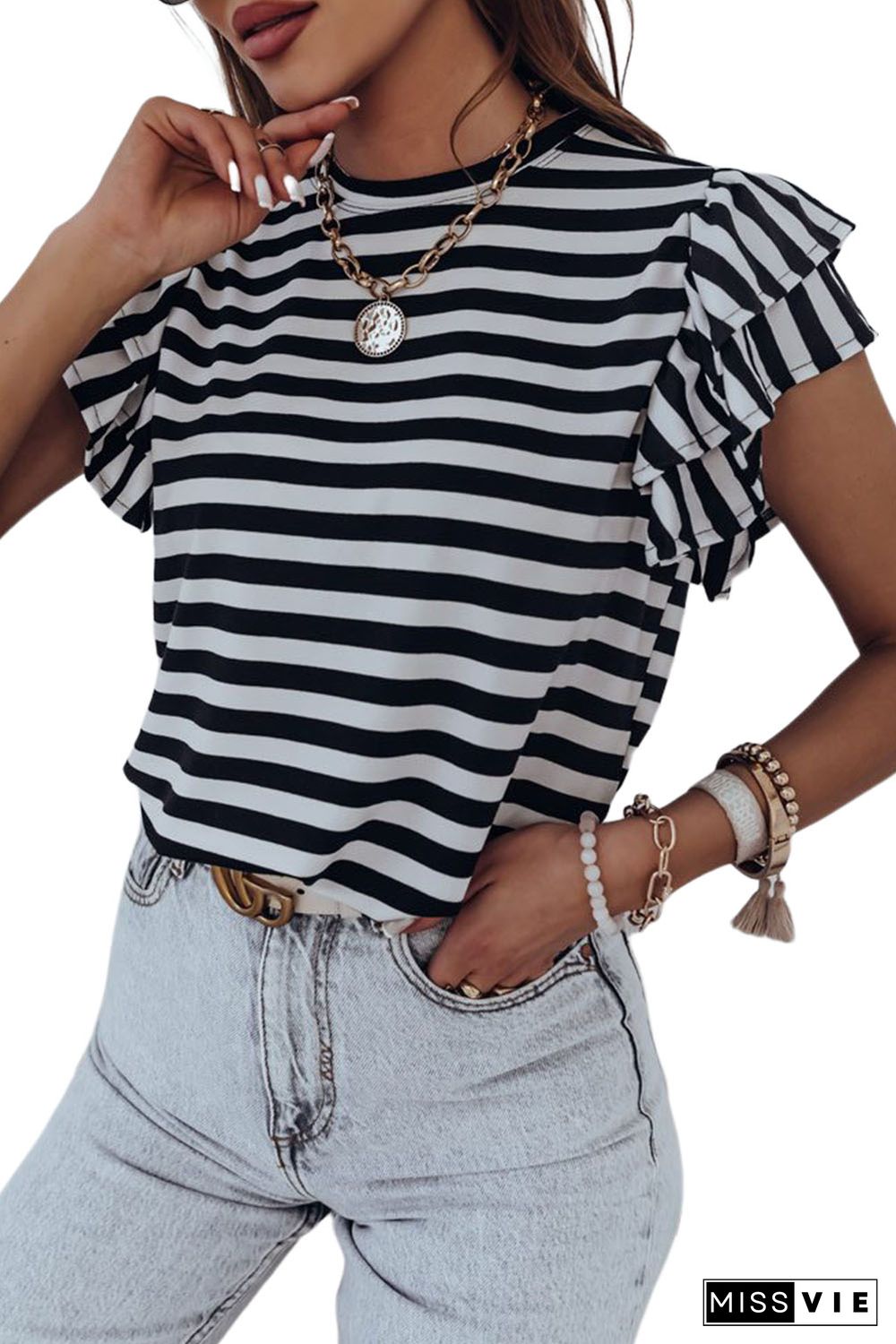 White Stripe Print Tiered Ruffled Sleeve Tee