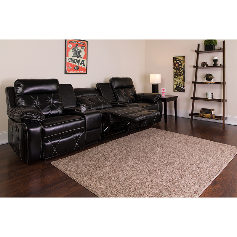 3  Seat Reclining Black LeatherSoft Theater Seating Unit  Straight Cup Holder   Transitional   Theater Seating   by Homesquare  Houzz