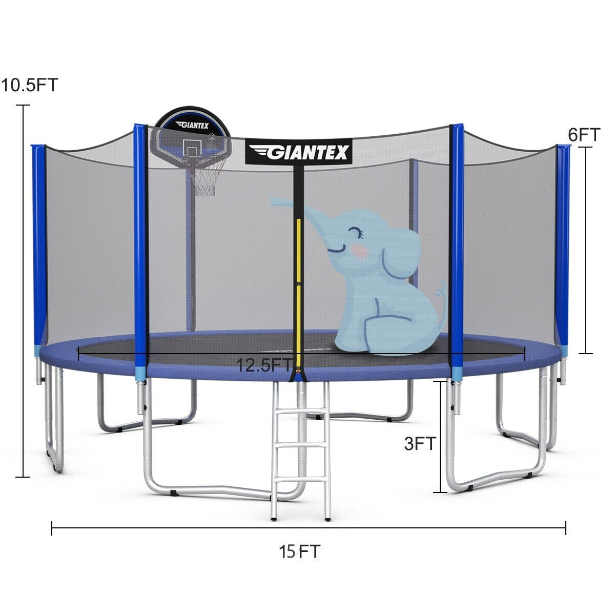 15ft Round Outdoor Enclosed Trampoline with Safety Enclosure Net and Basketball Hoop