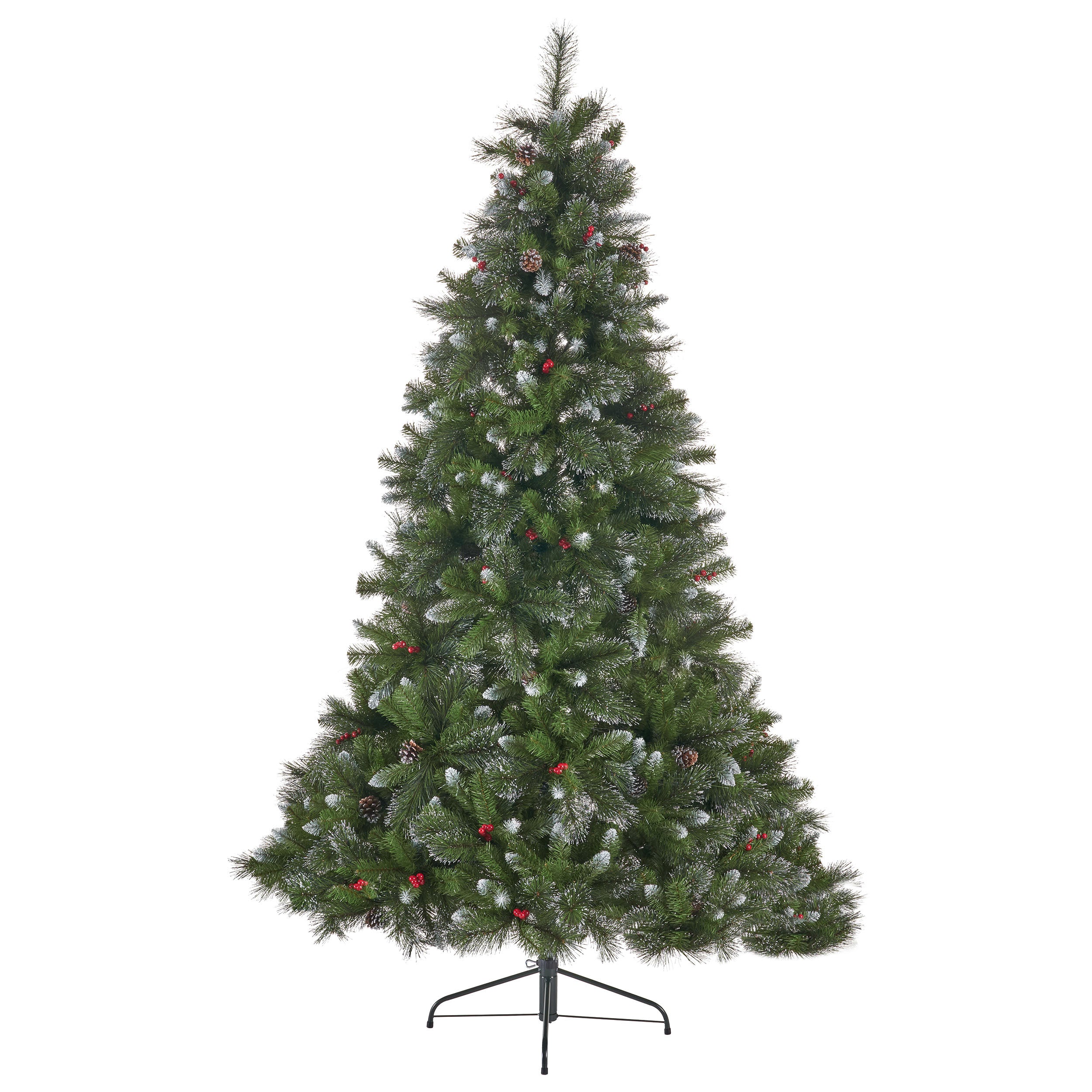 7-foot Mixed Spruce Hinged Artificial Christmas Tree with Glitter Branches, Red Berries, and Pinecones