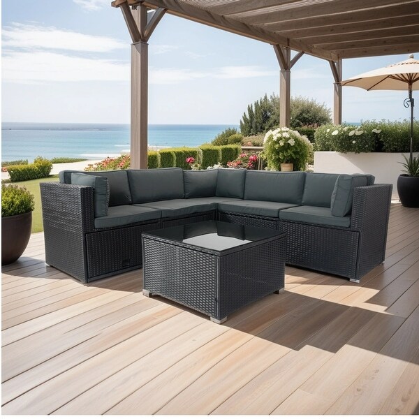 6piece Outdoor Sectional Upholstered Sofa Furniture Set Lshaped Rattan Couch Patio Conversation Set with 3 Storage Under Seat