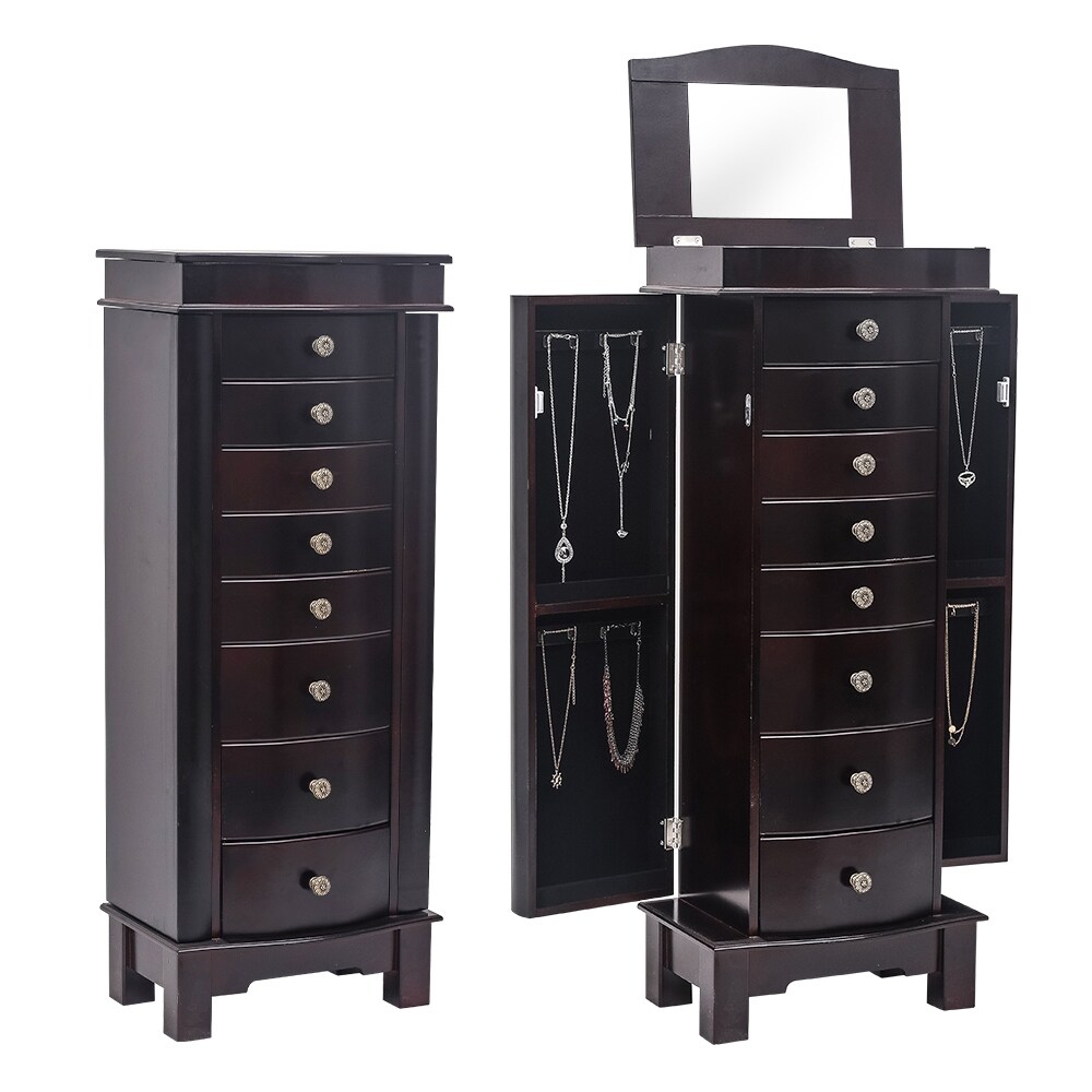 Large Jewelry Armoire with Mirror  8 Drawers   16 Necklace Hooks  2 Side Swing Doors