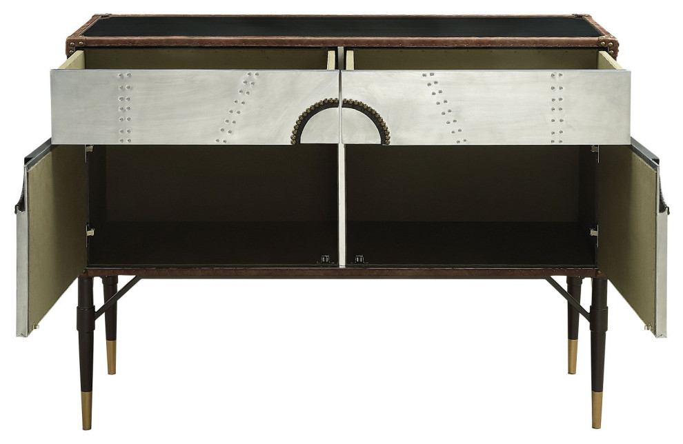 Industrial Console Table  Faux Leather Details  ampAluminum Accented Drawers/Doors   Industrial   Console Tables   by Decor Love  Houzz