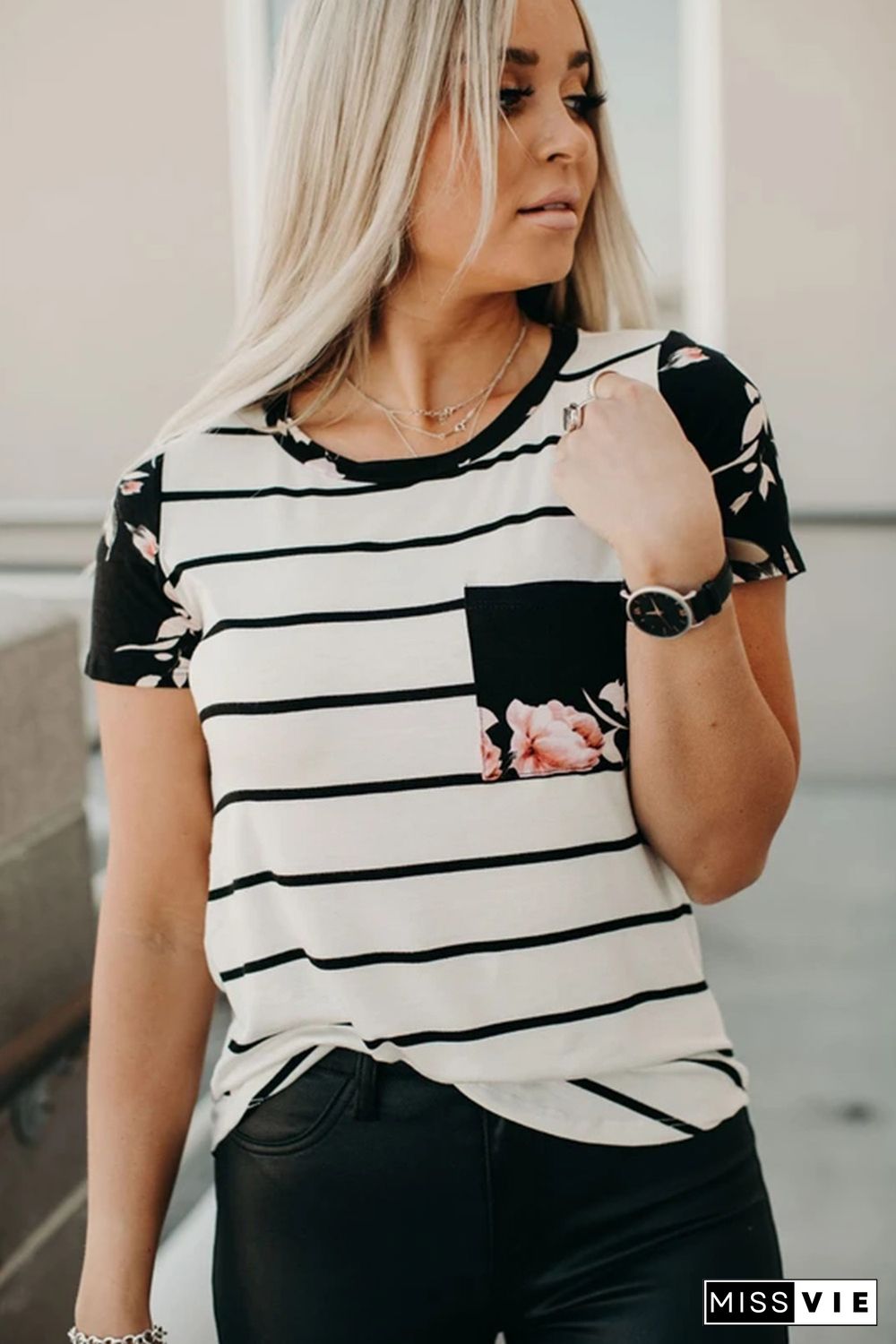 Black Striped T-shirt with Patch Pocket