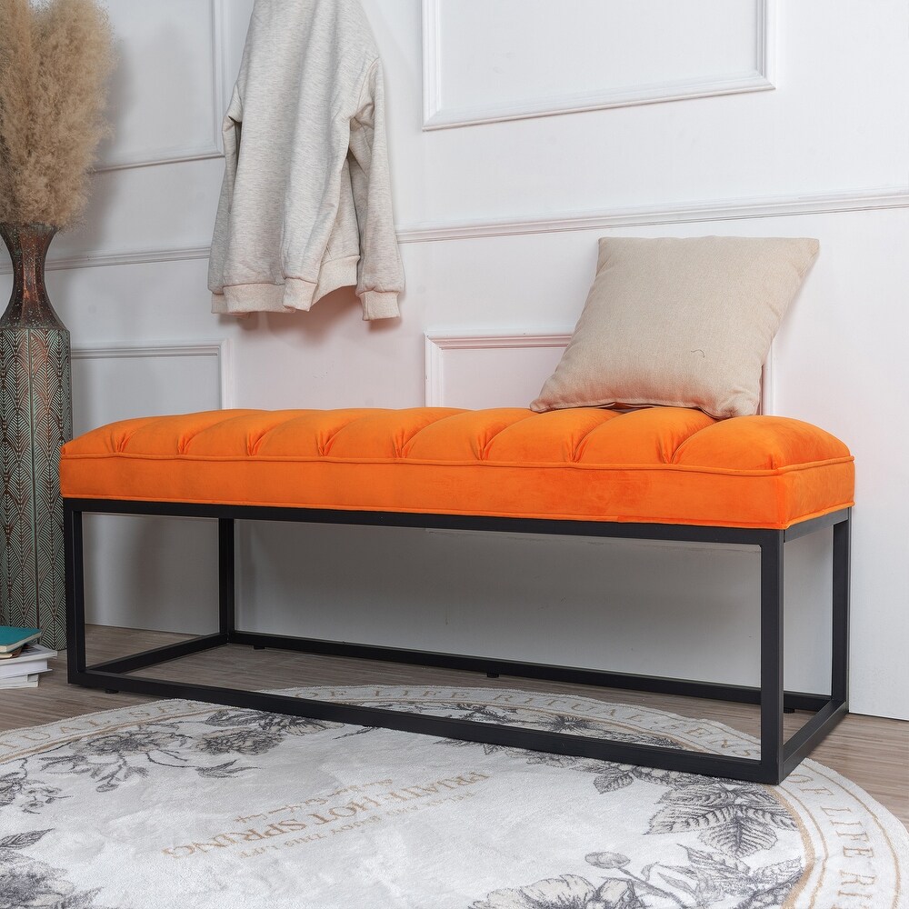 Orange Bedroom End of Bed Ottoman Bench w/ Padded Seat   Metal Leg