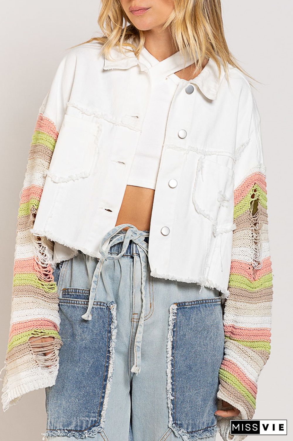 Rainbow Knitting Sleeve Patchwork Ripped Denim Jacket