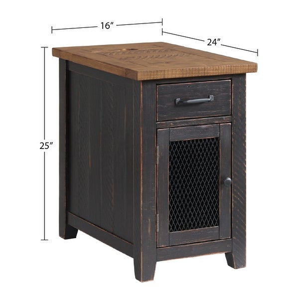 Rustic Chairside Table with hidden Charging Station， Solid Wood