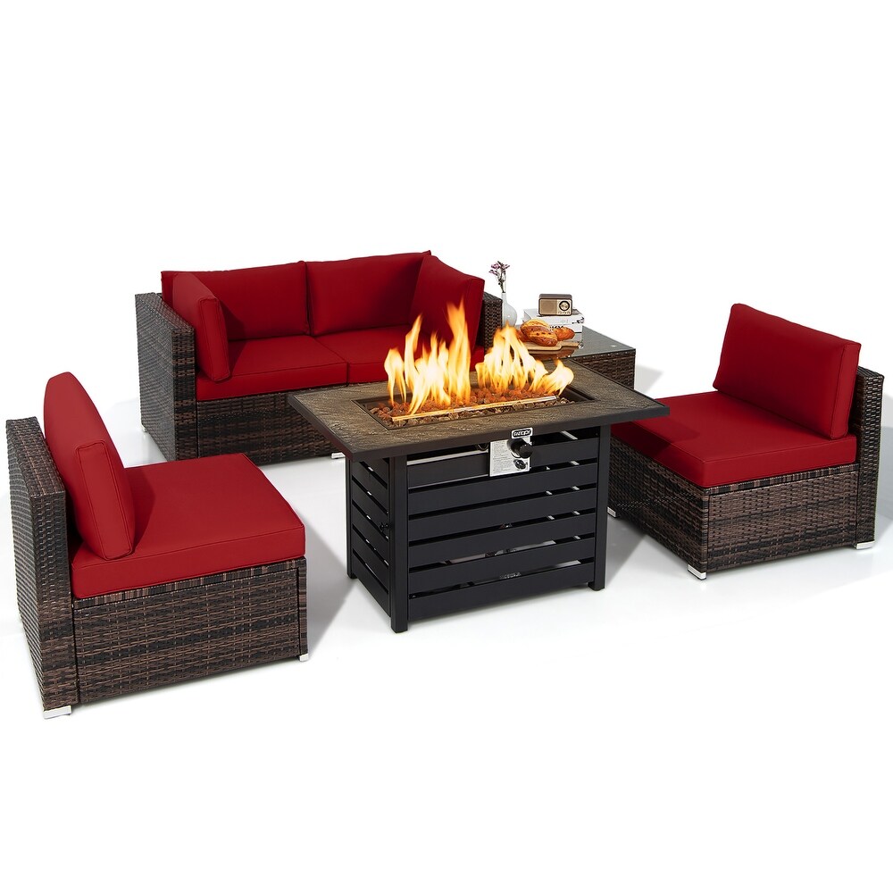 Costway 6PCS Patio Rattan Furniture Set 42'' Fire Pit Table Cover Sofa   See Details