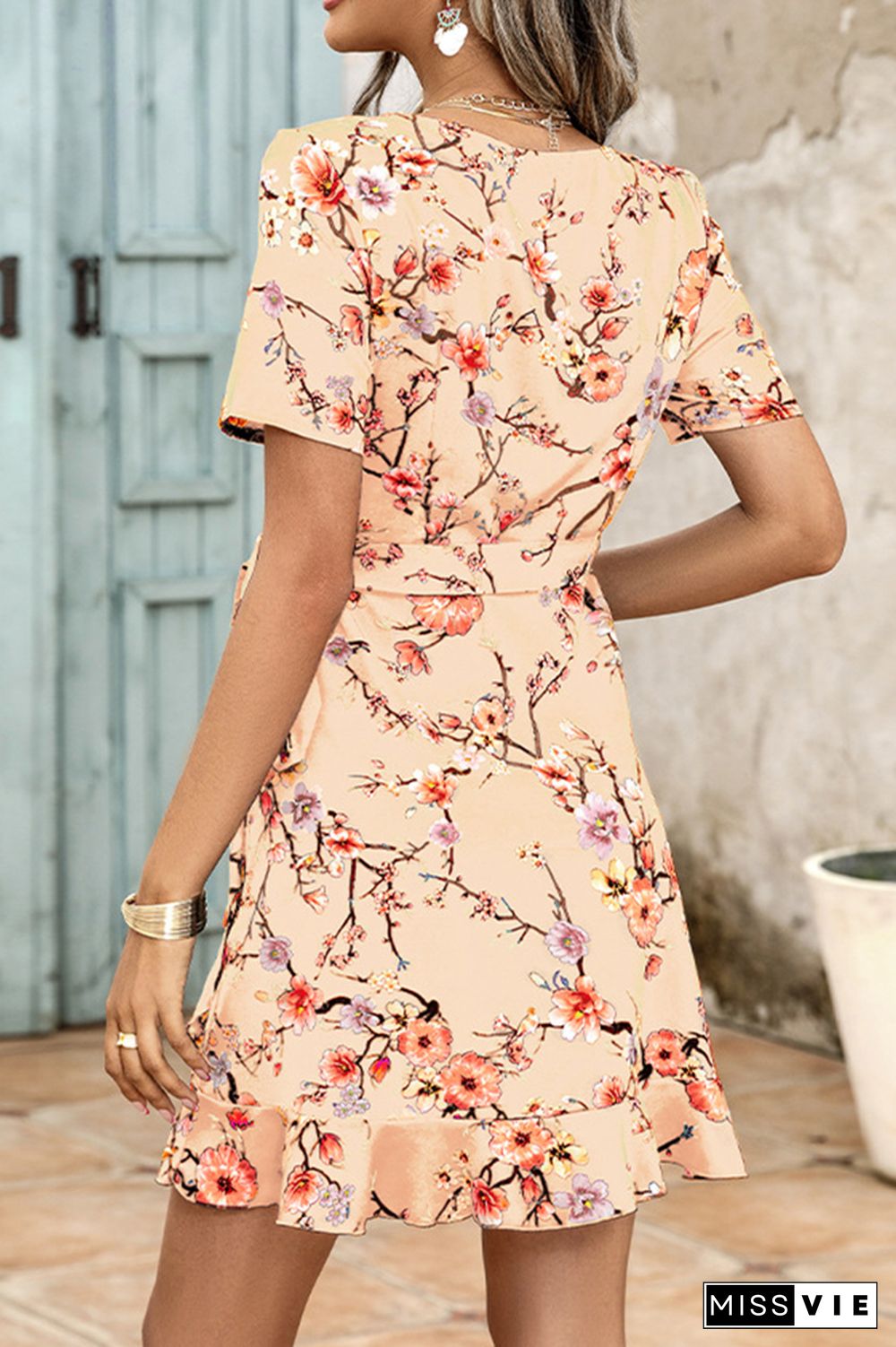 Floral Print V Neck Short Dress Wholesale