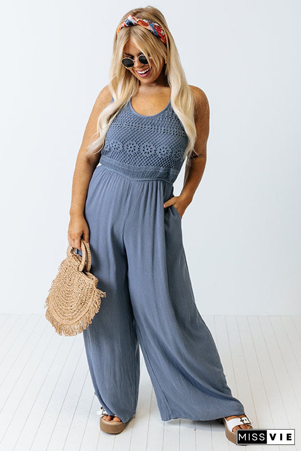 Blue Tie Back Crochet Tank Casual Plus Size Jumpsuit