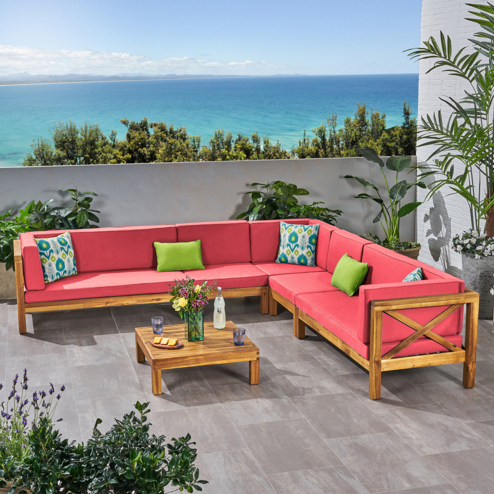 Bunny Outdoor 7 Seater Acacia Wood Sectional Sofa Set   Contemporary   Outdoor Lounge Sets   by GDFStudio  Houzz