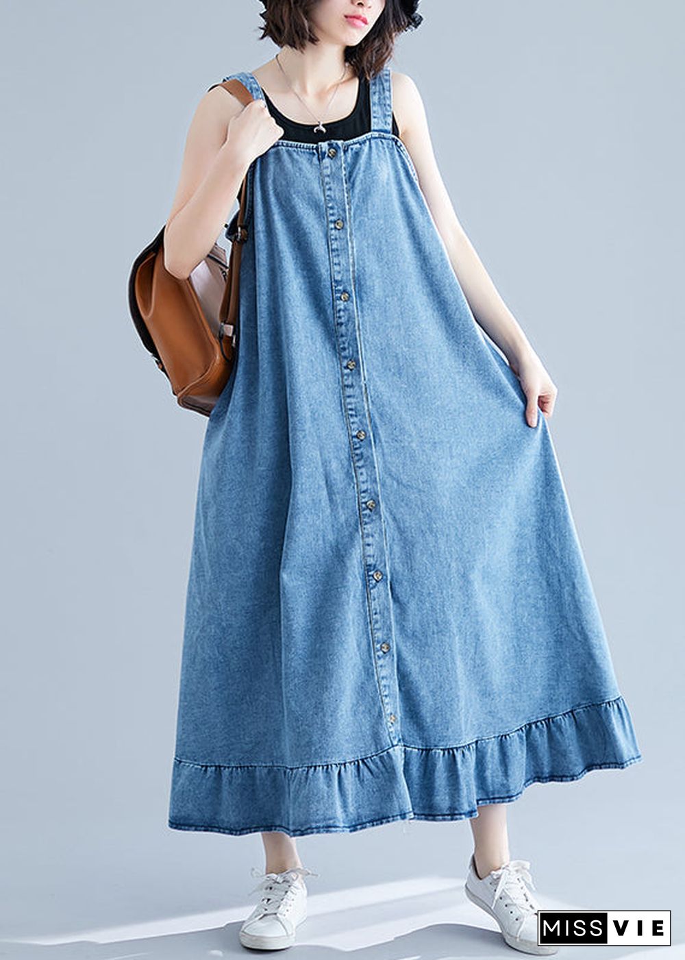 French Blue Ruffles Button Cotton Denim Strap Dress Summer