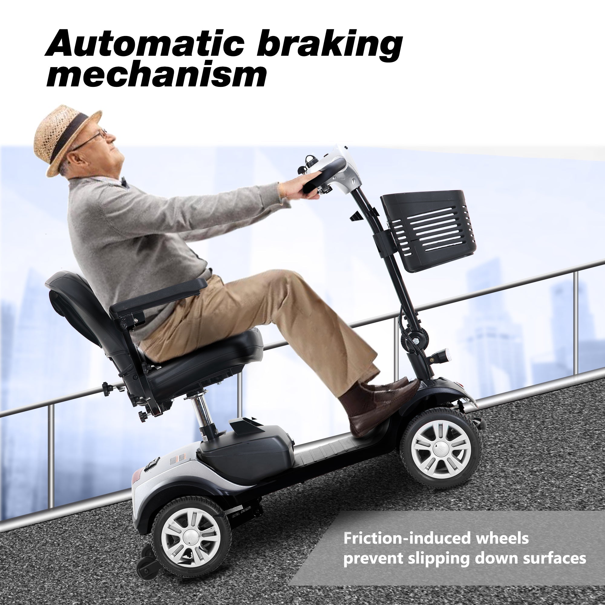 Compact Mobility Scooter, 4 Wheel Electric Powered Wheelchair Device - 300lbs Heavy Duty Mobile for Travel, Adults, Elderly - Power Extended Battery with Charger and Basket - Silver