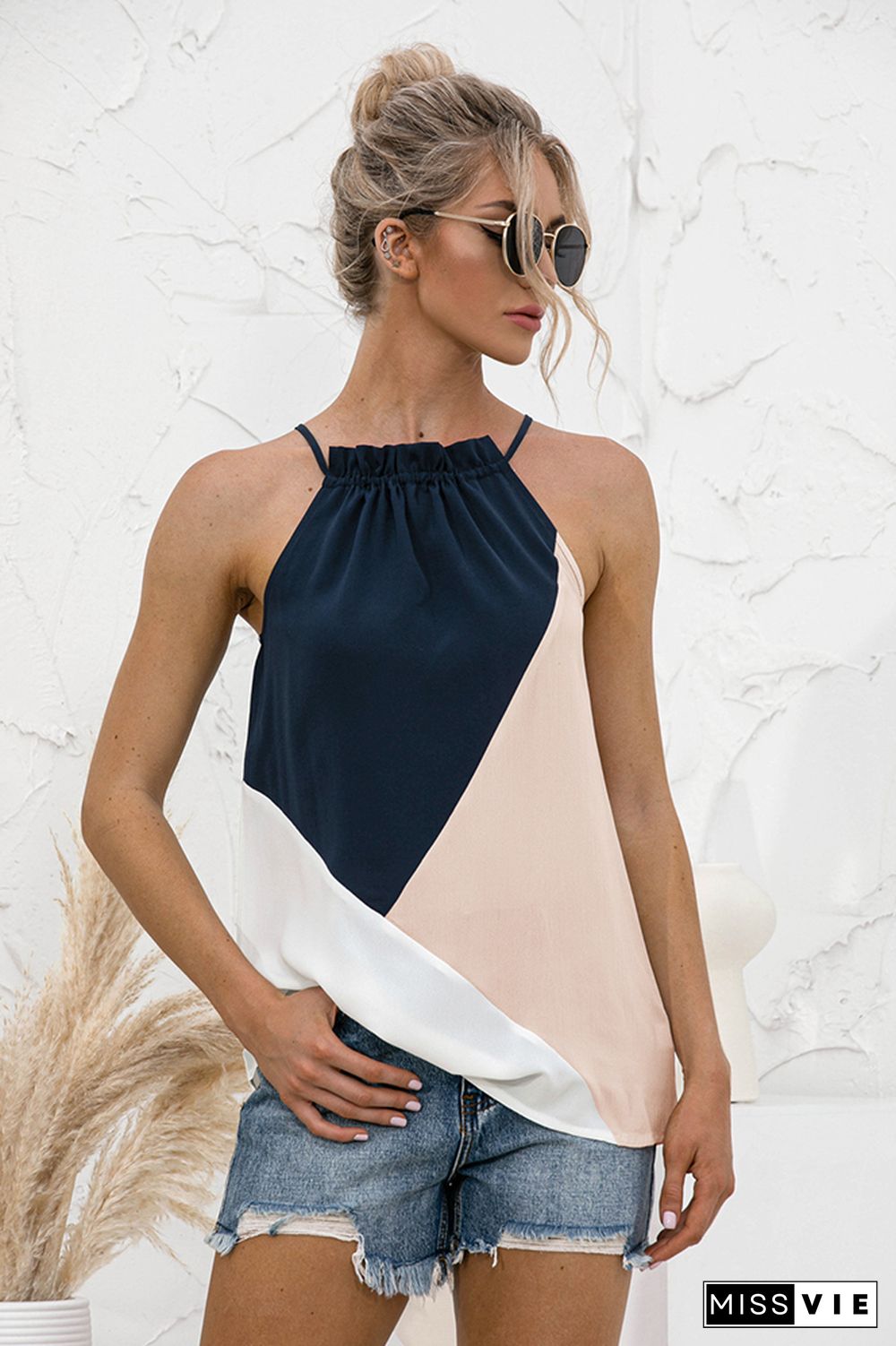 Color Block Halter Sleeveless Tank Top