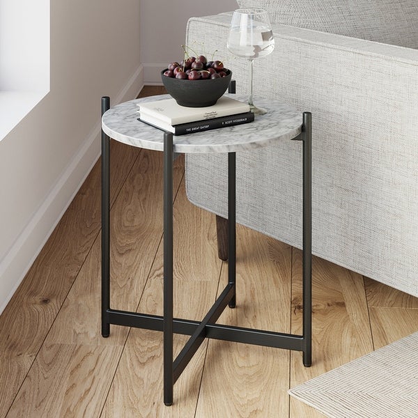 Roland Modern White Faux Marble Round Accent Side Table， Metal End Table with X-shaped Base， White/Black