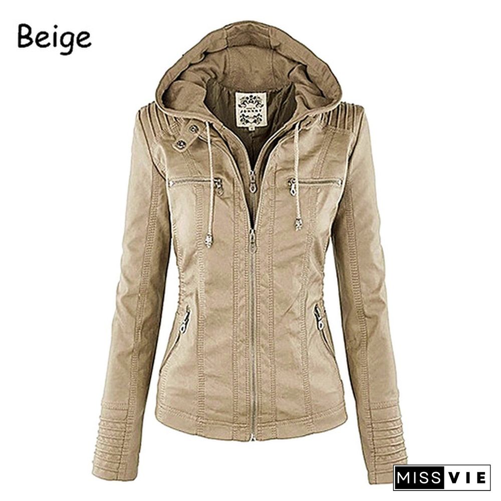 New Arrival Plus Size Women Fashion Autumn Winter Coat Jacket Long Sleeve Zipper New Women's Stylish Slim Removable Hooded Leather Jackets Coat Ladies Tops Motorcycle Coat Outerwear