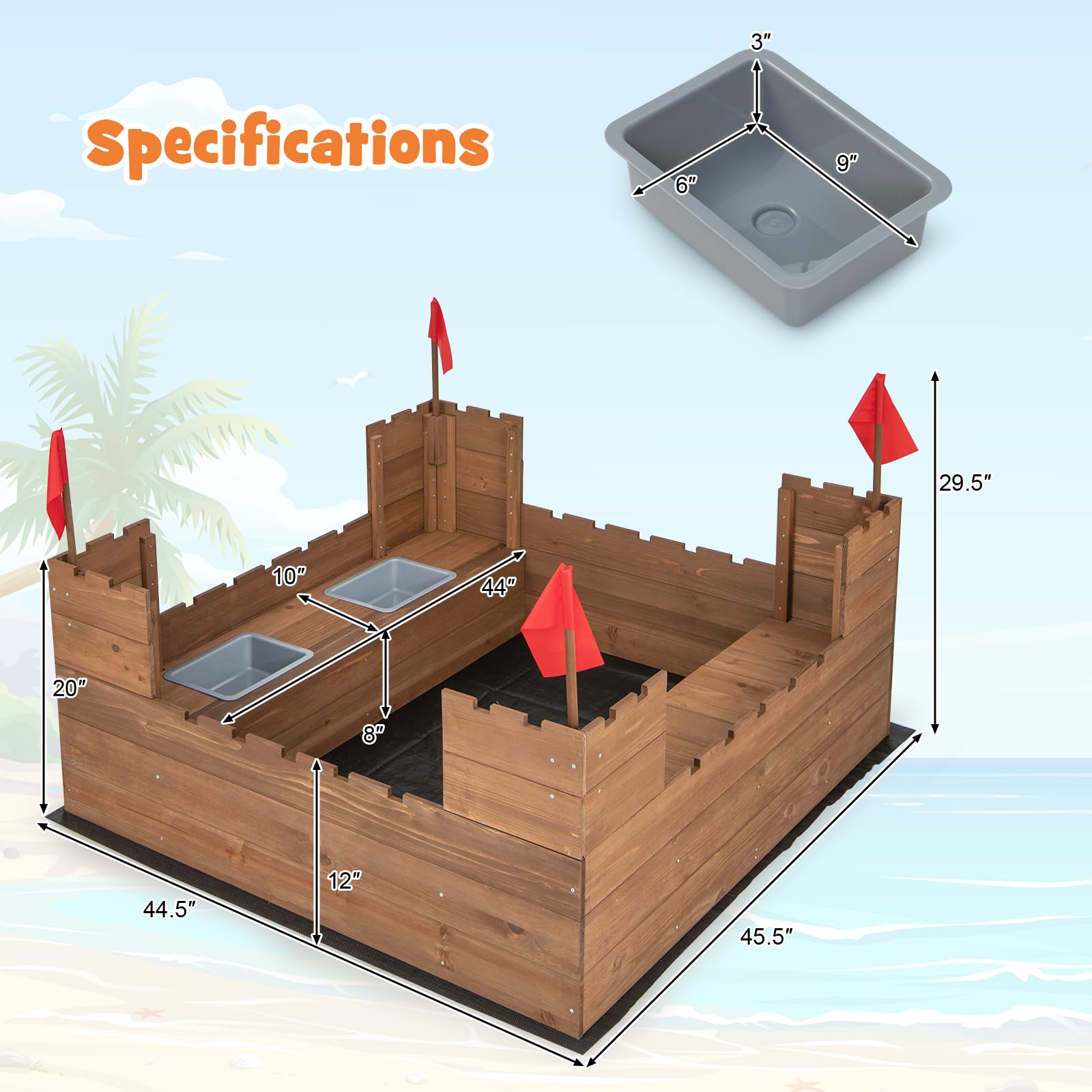 Costzon Cedar Wood Sandbox, Outdoor Sandpit w/Built-in Bench Seats