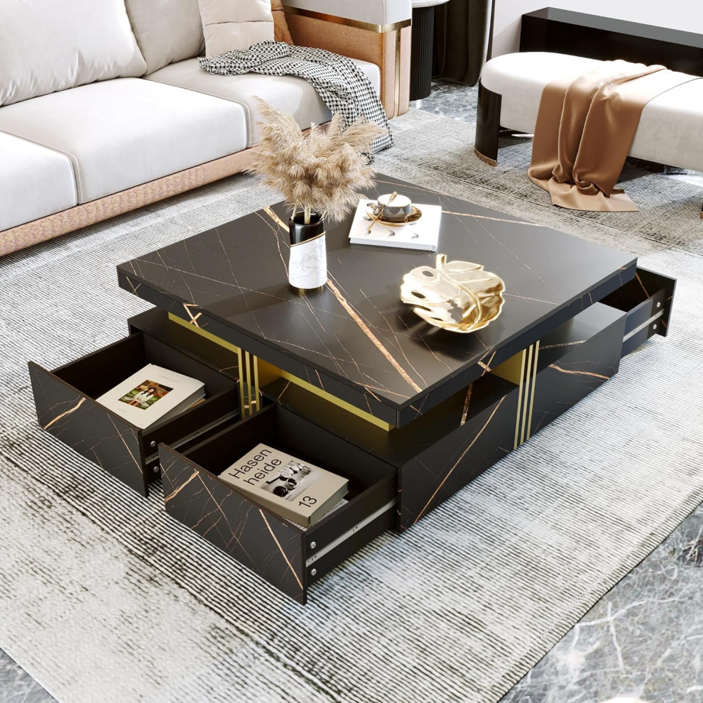 Modern Coffee Table  Square Wooden Top With Lower Storage Drawers  Black/Gold   Modern   Coffee Tables   by Decor Love  Houzz