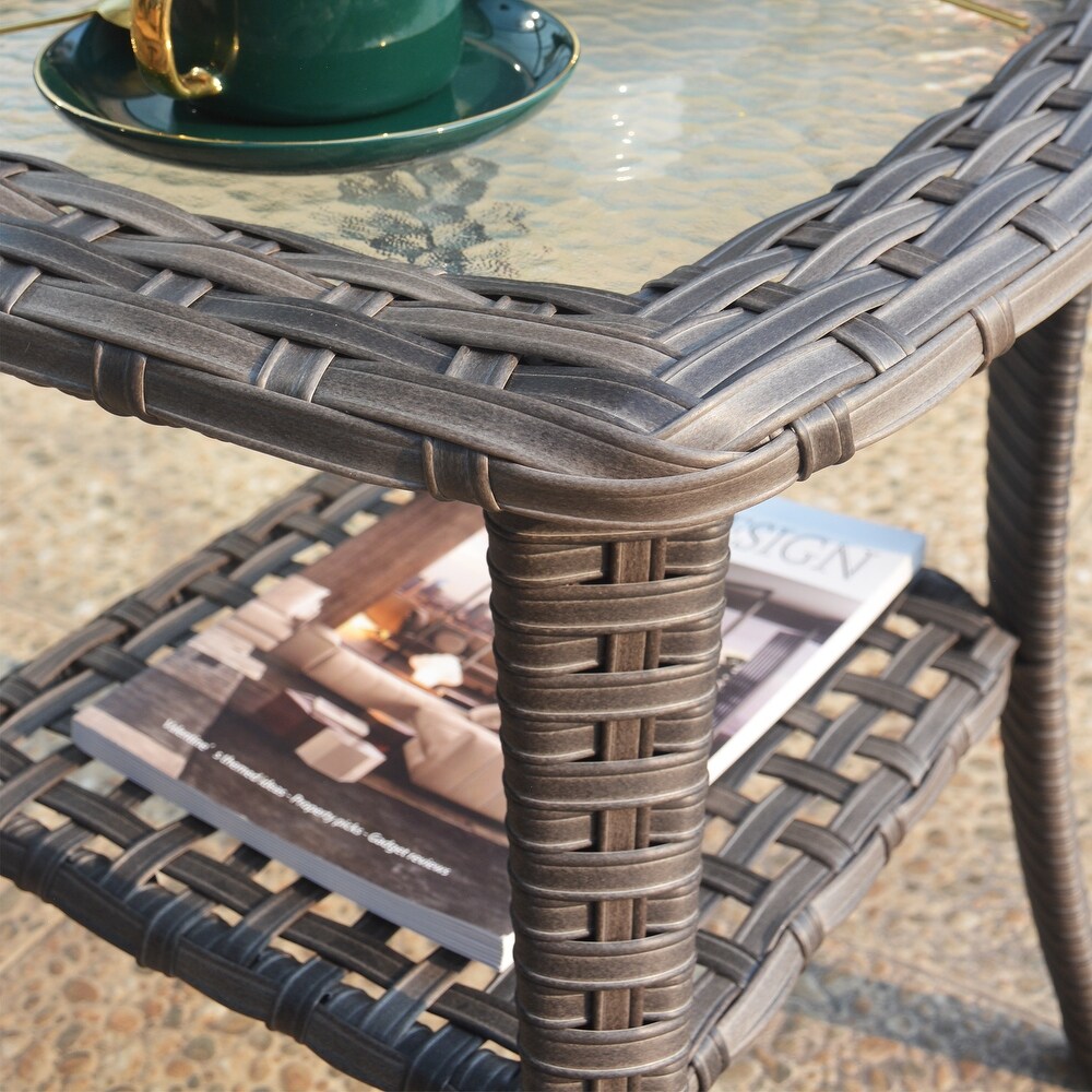 OVIOS Patio Outdoor Wicker Side Table with Glass Top