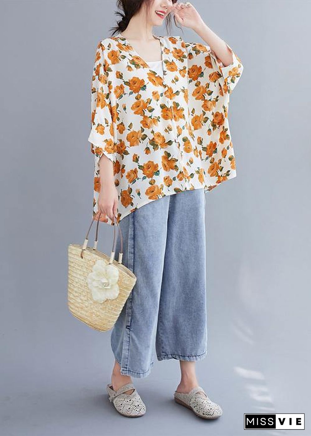 Simple yellow print top v neck Batwing Sleeve blouses