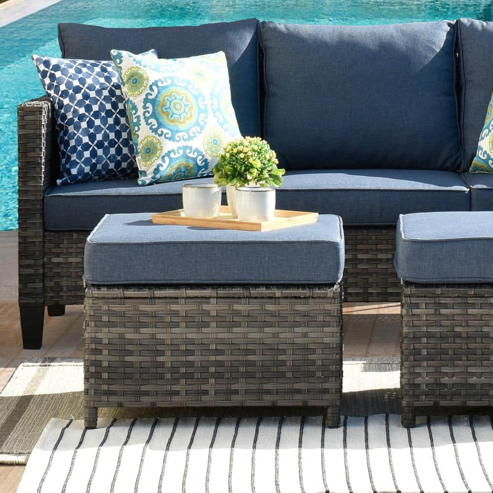 XIZZI Megon Holly Gray 5-Piece Wicker Outdoor Patio Conversation Seating Sofa Set with Denim Blue Cushions GRS305HDDB