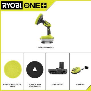 RYOBI ONE+ 18V Cordless Power Scrubber Kit with 2.0 Ah Battery Charger and 6 in. Cloth Microfiber Kit P4510K-A95KMCK1